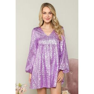 Peach Love CA Lilac Sequin Sparkly Long Sleeve Baby Doll Dress S-L ID85640-01